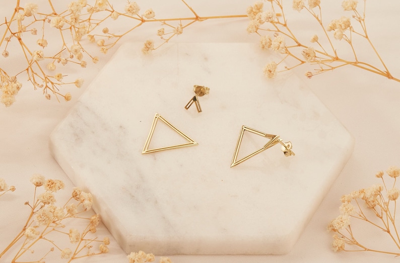 14K Gold Ear Jacket Earrings, Triangle Earring, Dainty Double Geometric Earrings, Special Design Earrings by NeckaceDreamWorld in Silver image 3