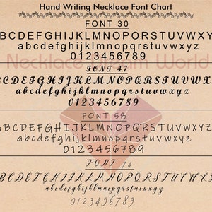 A chart with four different handwritten fonts. The chart is titled 'Hand Writing Necklace Font Chart.' Each font is labeled with a font number: FONT 30, FONT 47, FONT 58, and FONT 74. Each font shows the alphabet in uppercase and lowercase letters, as well as the numbers 0-9.