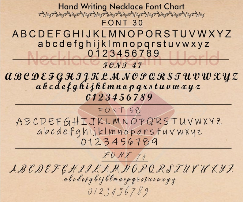 A chart with four different handwritten fonts. The chart is titled 'Hand Writing Necklace Font Chart.' Each font is labeled with a font number: FONT 30, FONT 47, FONT 58, and FONT 74. Each font shows the alphabet in uppercase and lowercase letters, as well as the numbers 0-9.