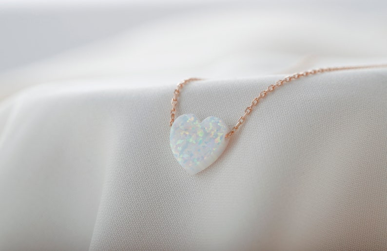 14k Heart Shape White Opal Necklace, Minimalist Jewelry for Her, Dainty Real Gemstone Necklace, Unique Gifts by NecklaceDreamWorld image 2