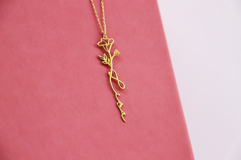 Custom Dainty Birth Flower Name Gold Necklace Personalized Etsy