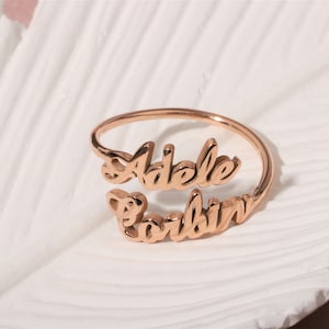 Custom Dainty Double Name Ring Gold • Two Personalized Cursive Name Rings • Women Name Jewelry