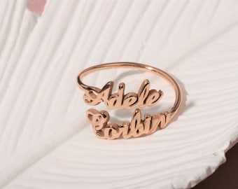 Anello con doppio nome delicato personalizzato in oro • Due anelli con nome in corsivo personalizzati • Gioielli con nome da donna