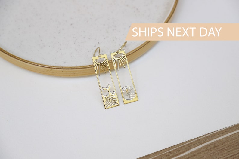 Sun Earrings Gold, Sunrise and Wave Dangle Earrings, Rectangle Boho Hawaii Drop Earrings Ocean Wave Earrings Earrings for Women image 9