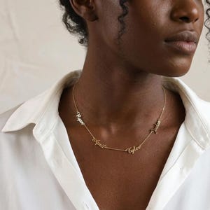 Puede incluir: Un collar dorado con los nombres "Ryan", "April", "Tyler" y "Jordan" en escritura cursiva. El collar se muestra sobre una camisa blanca, resaltando la joyer&iacute;a personalizada.
