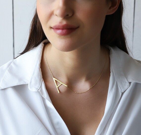 8K Solid Gold Initial Necklace: Large Sideways Monogram