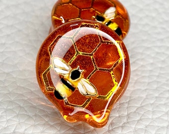 Honey Bee Plugs 8mm-50mm with bee's honeycombs, dripping honey, pair, double flared, drip