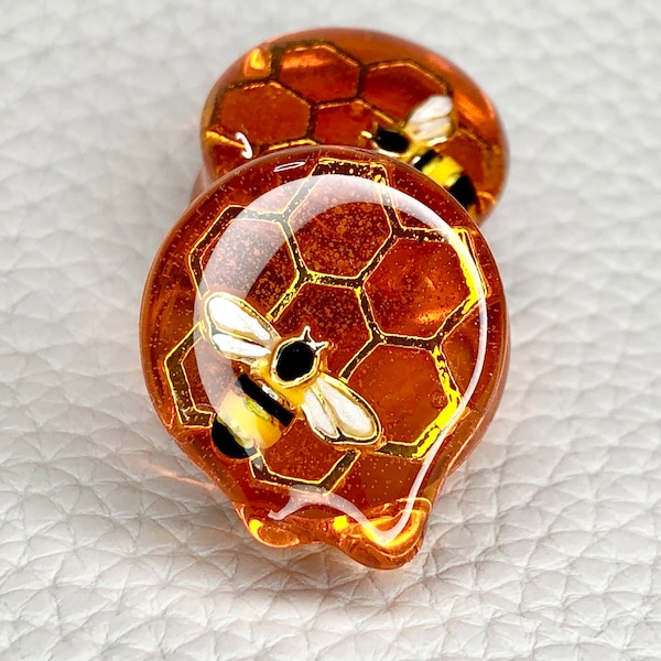 Honey Bee Plugs 8mm-50mm with bee's honeycombs, dripping honey, pair, double flared, drip