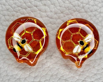 Honey Bee Plugs 19mm-25mm with bee's honeycombs, dripping honey, pair, double flared, drip