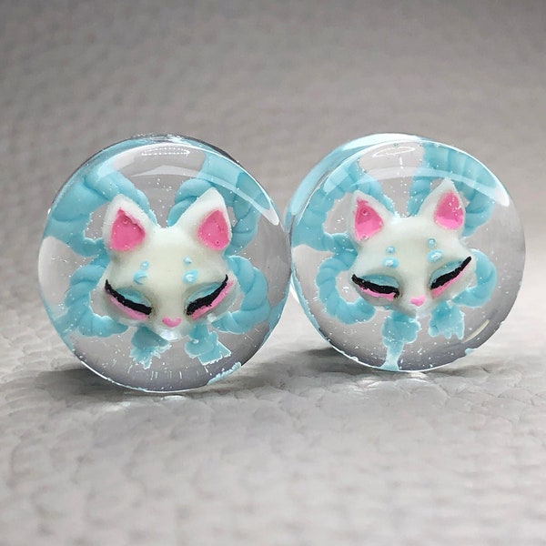 Pair 12mm-20mm Plugs,fox mask,glow in the dark, double flared, Light weight plugs, Hand-painted