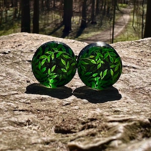 Könnte beinhalten: Ein Paar grüne Glas-Ohrmanschetten mit einem Blatt-Muster. Die Manschetten sind rund und haben eine glatte, glänzende Oberfläche.