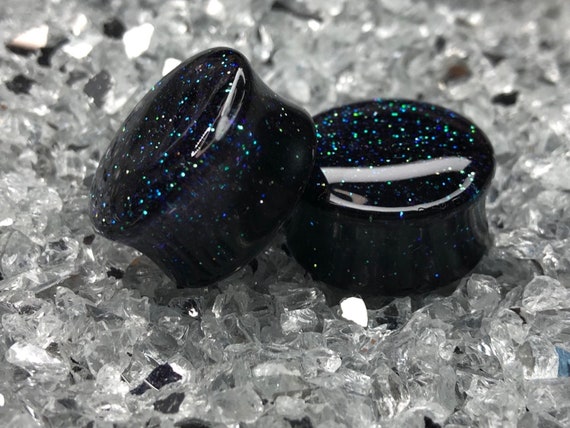 Pair plugs 8mm-50mm holographic glitter, black glitter teal