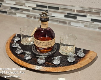 Triple Crown Display for Blanton&#39;s stoppers & bottle. Real bourbon barrel Rocks Glasses. Wood Display + glasses only Blantons no stoppers
