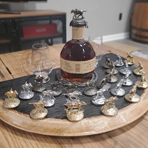 1/2/3 Row Display for Blanton&#39;s stoppers & bottle. Real bourbon barrel Glencairn Snifter Wood Display + glasses only no stoppers, blantons