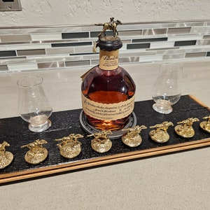Shelf Master Display for Blanton&#39;s stoppers & bottle. Real bourbon barrel Wood Display + choice of glasses only. No stoppers, Blantons