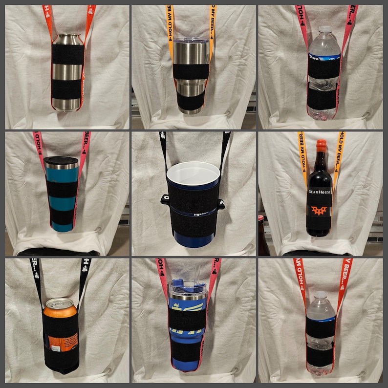 K&ouml;nnte beinhalten: Neun verschiedene Getr&auml;nkehalter mit verstellbaren Riemen. Jeder Halter besteht aus schwarzem Stoff mit einem schwarzen Riemen und einem roten, orangen oder rosafarbenen Riemen. Die Halter sind so konzipiert, dass sie f&uuml;r eine Vielzahl von Getr&auml;nken geeignet sind, darunter Dosen, Flaschen und Becher. Die Riemen sind verstellbar, um sich an verschiedene Gr&ouml;&szlig;en von Getr&auml;nken anzupassen.