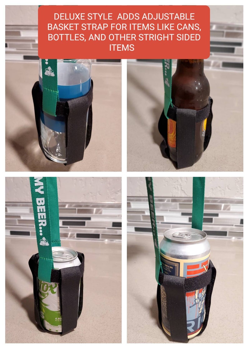 K&ouml;nnte beinhalten: Vier verschiedene Getr&auml;nkebeh&auml;lter werden mit einem schwarzen verstellbaren Riemen und einem gr&uuml;nen Riemen mit dem aufgedruckten Text "MY BEER..." gezeigt. Die Riemen sind so konzipiert, dass sie Dosen und Flaschen sicher halten.
