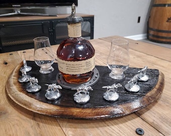 Triple Crown Display for Blanton&#39;s stoppers & bottle. Real bourbon barrel Glencairn Snifter Wood Display + glasses only Blantons no stoppers