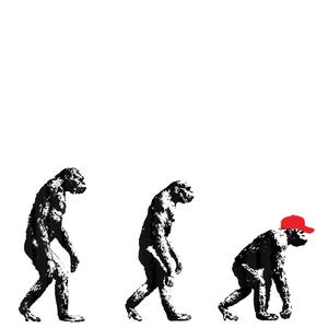Könnte beinhalten: Eine schwarz-weiße grafische Illustration, die die Stadien der menschlichen Evolution darstellt, beginnend mit einem Primaten auf der rechten Seite, der eine leuchtend rote Baseballkappe trägt, bis hin zu einer aufrecht gehenden menschlichen Figur links mit einem Speer.