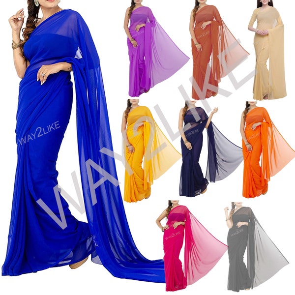 Damen Saree Bluse, Indischer Bollywood Party Wear Sari, Chiffon Vorhang Drapiertes Kleid, Stilvolle schlichte Saree mit nicht genähter Bluse