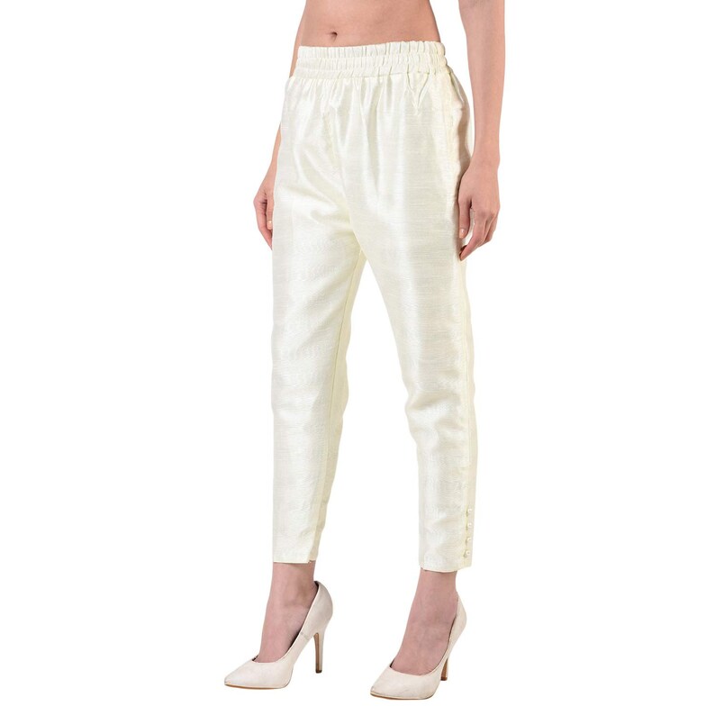 Pantalon en soie Dupion pour femmes, pantalon de pyjama slim fit longueur cheville, bas ethnique, pantalon salwar décontracté, pour pantalon Off White