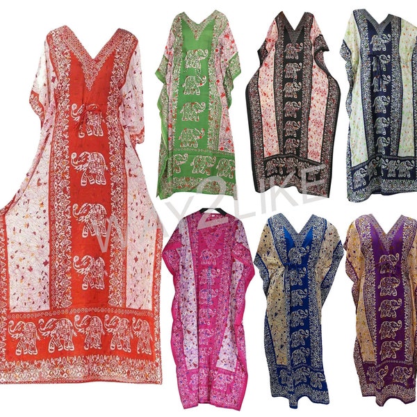 Caftan long, caftan, imprimé éléphant, polyester d'été, robe de plage, robe de nuit Maxi pour femmes, couverture de plage, fête à la piscine