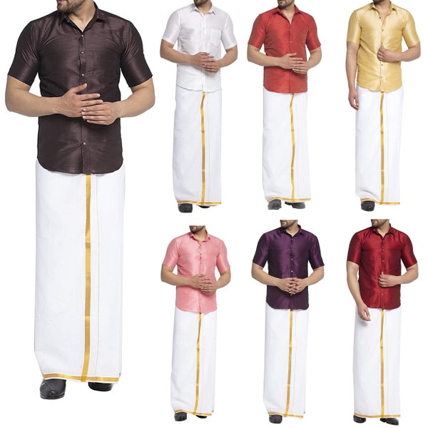 Men's Classic Ethnic Half Sleeves Dupion Silk Shirt,Casual Fit Tunic Kurta Party Wear Solid Plain Shirt,Boys Stylish Clothing For Wedding