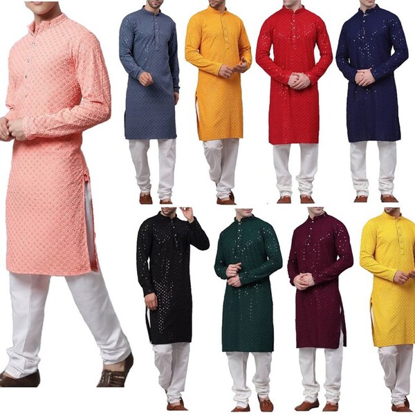 Ensemble pyjama Kurta pour hommes, broderie Sherwani, ensemble Kurta en coton, ensemble pyjama à paillettes traditionnelles, vêtements de