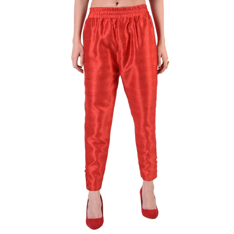 Women's Dupion Silk Pant, Slim Fit Ankle Length Trouser Pajama Pants, Ethnic Bottom, Casual Salwar Pants, For Plain Kurtis Party Wear Pants Red