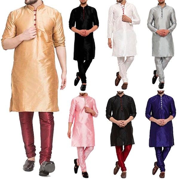 Traditionele effen zijden Kurta-pyjama met volledige mouw Regular Fit feestkleding voor heren, handgemaakte Dupion-zijde, Churidar Kurta-pyj