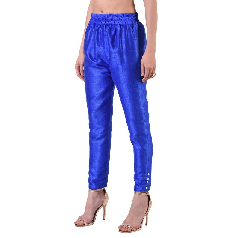 Women's Dupion Silk Pant, Slim Fit Ankle Length Trouser Pajama Pants, Ethnic Bottom, Casual Salwar Pants, For Plain Kurtis Party Wear Pants Royal Blue