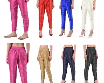 Pantalón de seda Dupion para mujer, pantalones de pijama de pantalón ajustado hasta el tobillo, parte inferior étnica, pantalones salwar