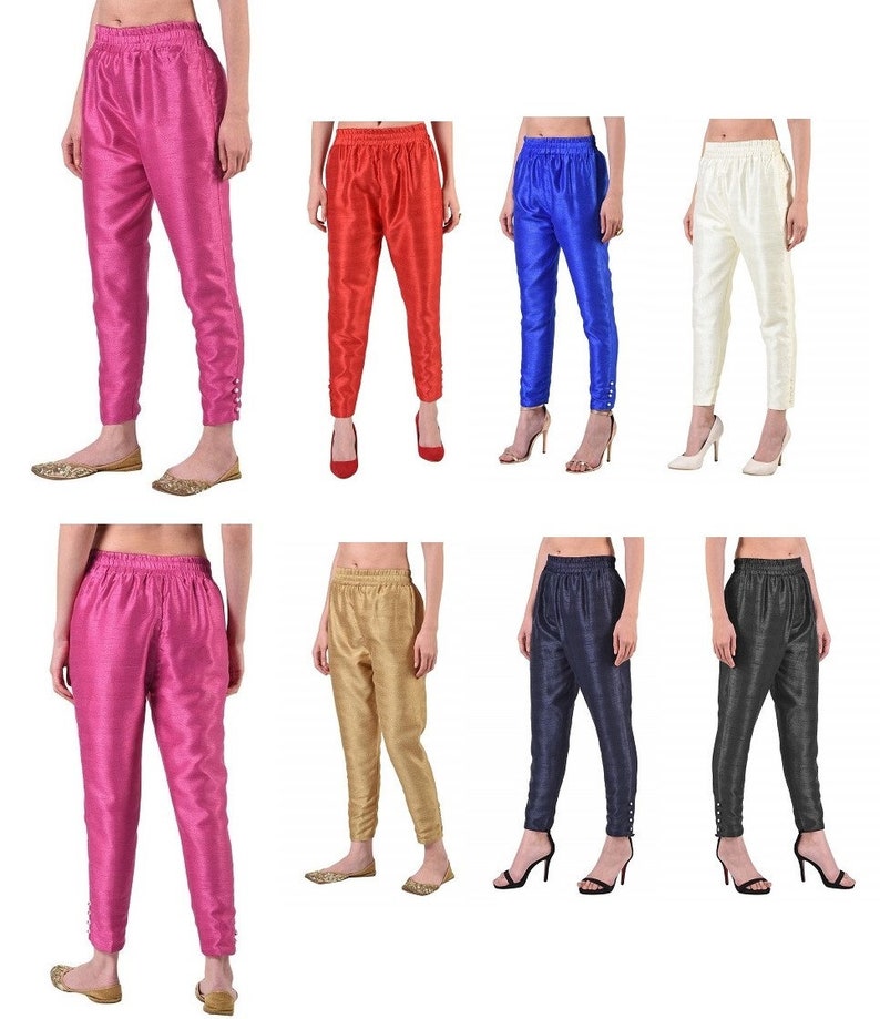 Pantalon en soie Dupion pour femmes, pantalon de pyjama slim fit longueur cheville, bas ethnique, pantalon salwar décontracté, pour pantalon image 1