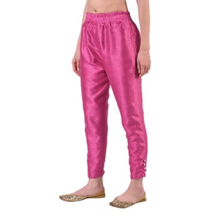 Women's Dupion Silk Pant, Slim Fit Ankle Length Trouser Pajama Pants, Ethnic Bottom, Casual Salwar Pants, For Plain Kurtis Party Wear Pants Pink