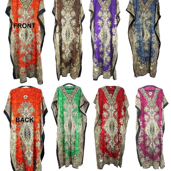 Women's Long Kaftan, Caftan, Maxi, Polyester Floral Dress, Kimono, Beach Cover up, Hippie Style, Tunic, Summer, Nightwear Comfortable Dress