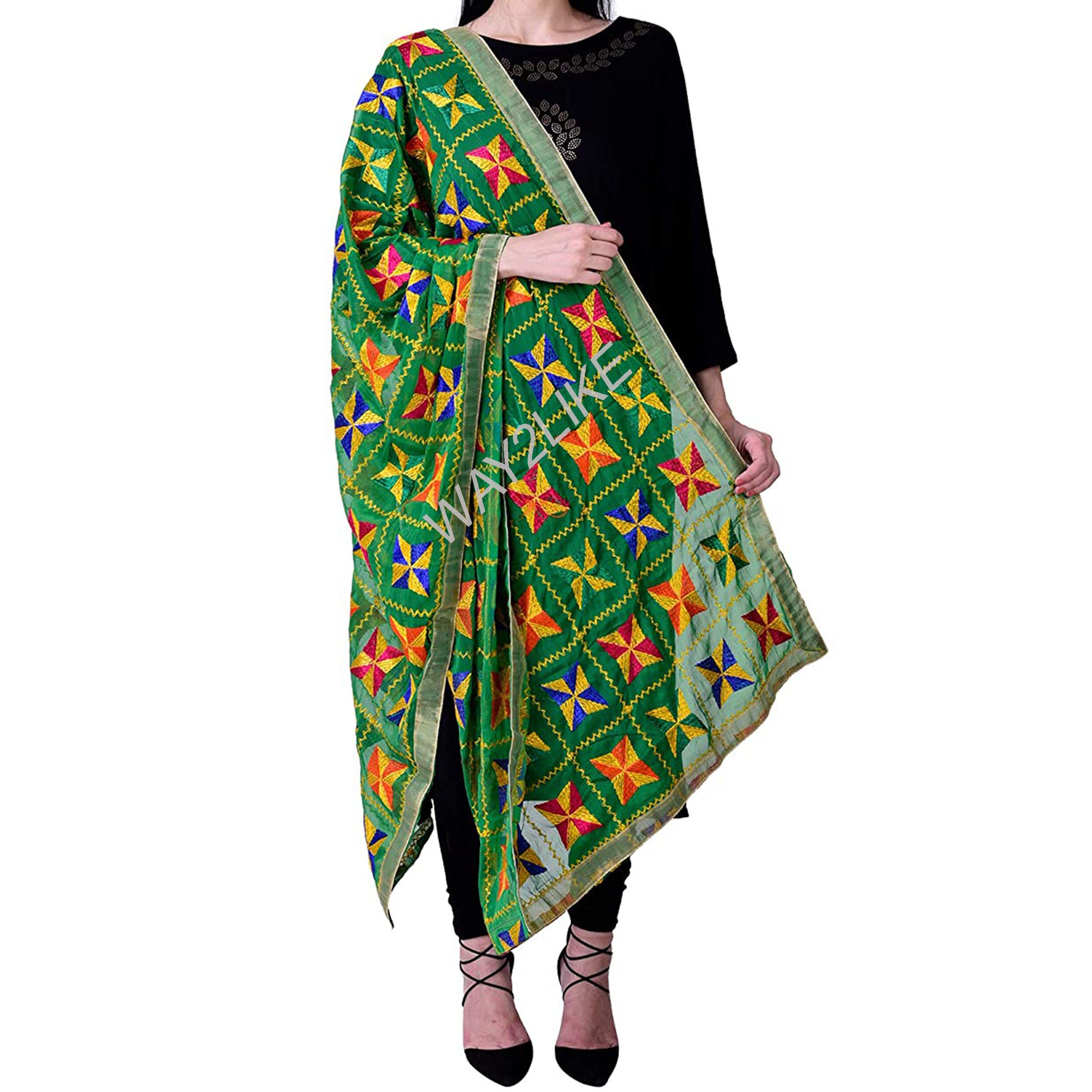 Women Phulkari Dupatta Chiffon Hand Embroidery Indian Wedding Etsy