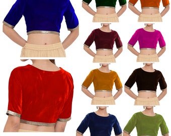 way2like Readymade Women's Blouse, Half Sleeve with Lace, Crop Top, Round Neck, Ethnic Tunic, Velvet Stitched Saree Blouse, Bollywood Style Choli
