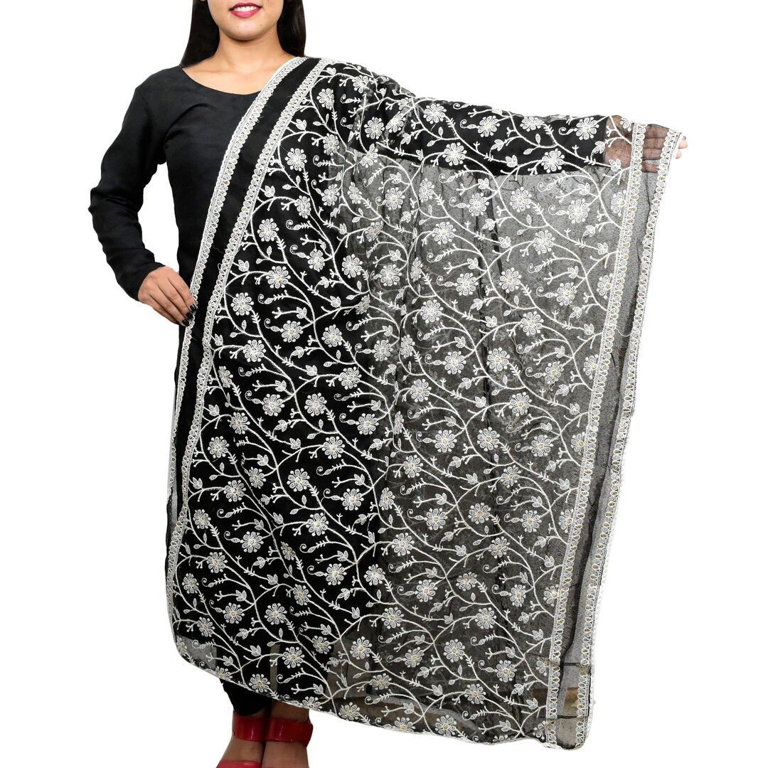 Chikankari Dupatta, Bollywood Style Designer Dupatta, Net Scarfs White & Black, Long Head Stole