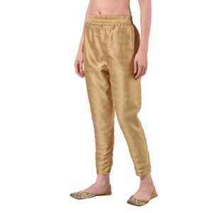 Women's Dupion Silk Pant, Slim Fit Ankle Length Trouser Pajama Pants, Ethnic Bottom, Casual Salwar Pants, For Plain Kurtis Party Wear Pants Golden