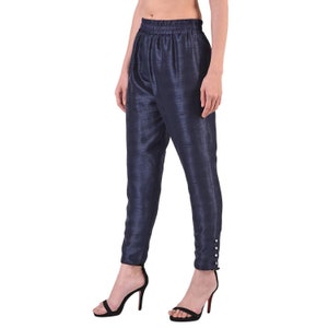 Women's Dupion Silk Pant, Slim Fit Ankle Length Trouser Pajama Pants, Ethnic Bottom, Casual Salwar Pants, For Plain Kurtis Party Wear Pants Navy Blue
