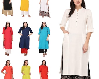 Kurti pour femmes, Kurti en coton traditionnel, Kurta droite, tunique ethnique haut long, robe de costume Boho Tees, coupe régulière, tenue