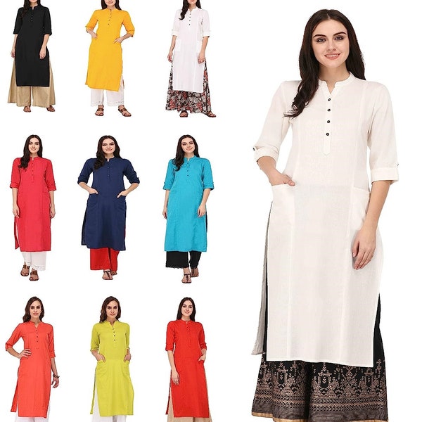 Kurti pour femmes, Kurti en coton traditionnel, Kurta droite, tunique ethnique haut long, robe de costume Boho Tees, coupe régulière, tenue