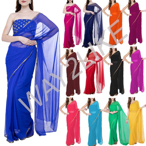 Damen Saree mit Bluse, goldener Spitze, Bollywood Saree, Partykleidung, Vorhang, Chiffon-Drape-Kleid, indischer Sari, Kleidermaterial