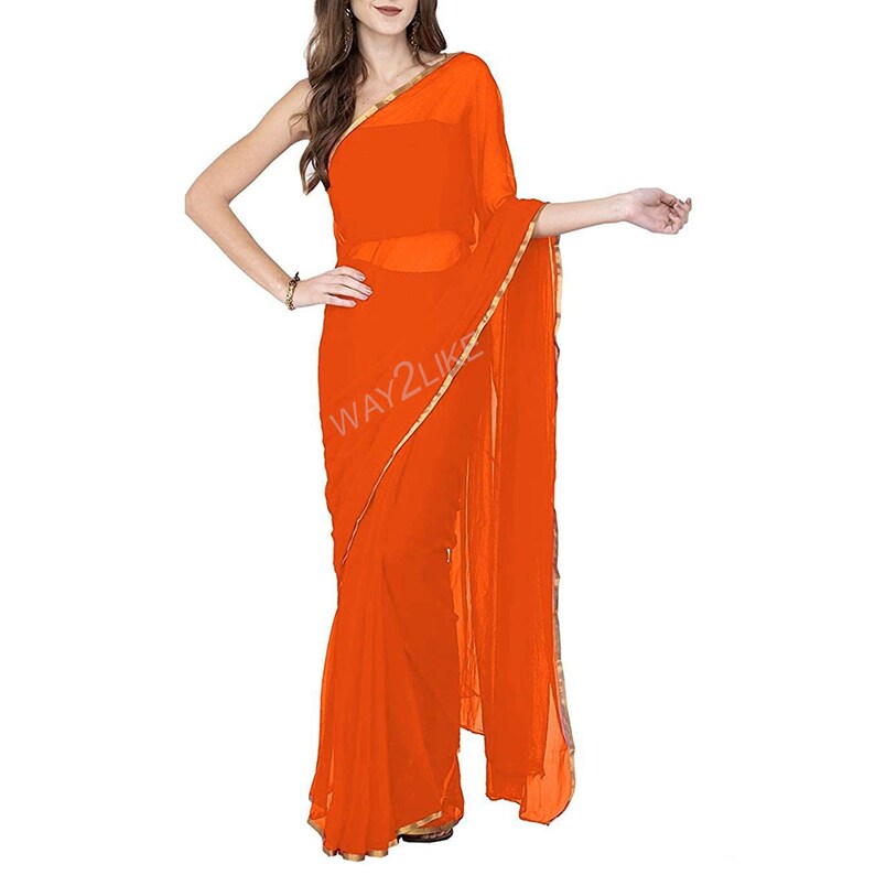 Women Saree With Blouse Golden Lace Bollywood Sari Party Etsy