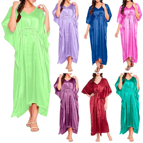 Satin Silk Beach Wear Kaftan, langes Maxikleid, Kimono-Ärmel, V-Ausschnitt, Nachtwäsche, Nachtkleid für Frauen, bequemes Nachthemd und Kafta