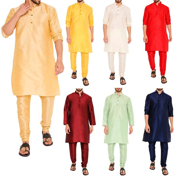 Ethnische Dupionseide, stilvolles Kurta-Pyjama-Set, indisches Hochzeitsfest, bequemes Kleid für Herren, handgefertigte Passform, bequemer Ku