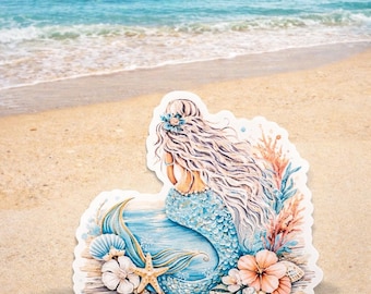 Sticker sirène côtière - oeuvre d'art océanique originale, design plage de corail aqua