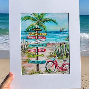 Puede incluir: Una lámina artística montada con la pintura de una palmera y un poste indicador con los nombres Englewood, Manasota Key, Farmers Market, Veterans Park, Indian Mound, Stump Pass, Blind Pass y Dearbirn St, junto a una bicicleta roja.