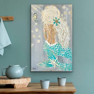 Mermaid original painting in aqua colors with seahorse!!