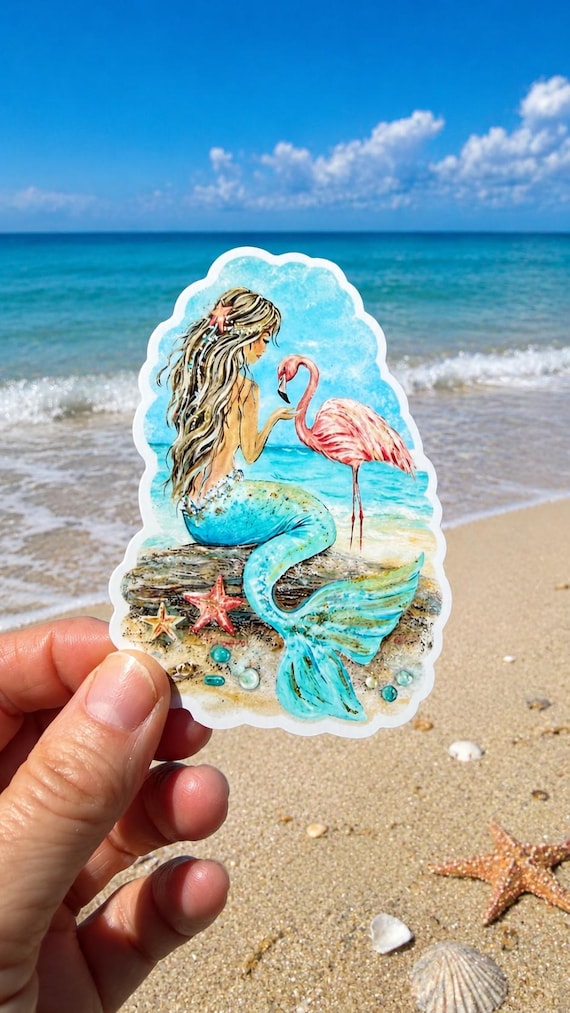 Coastal Flamingo Mermaid Sticker – Original Aqua Coral Art, Beach Lover Gift